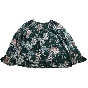 Liz Claiborne Career Women's Blouse‎ XL Green Floral Round Neck Long Sleeve Work